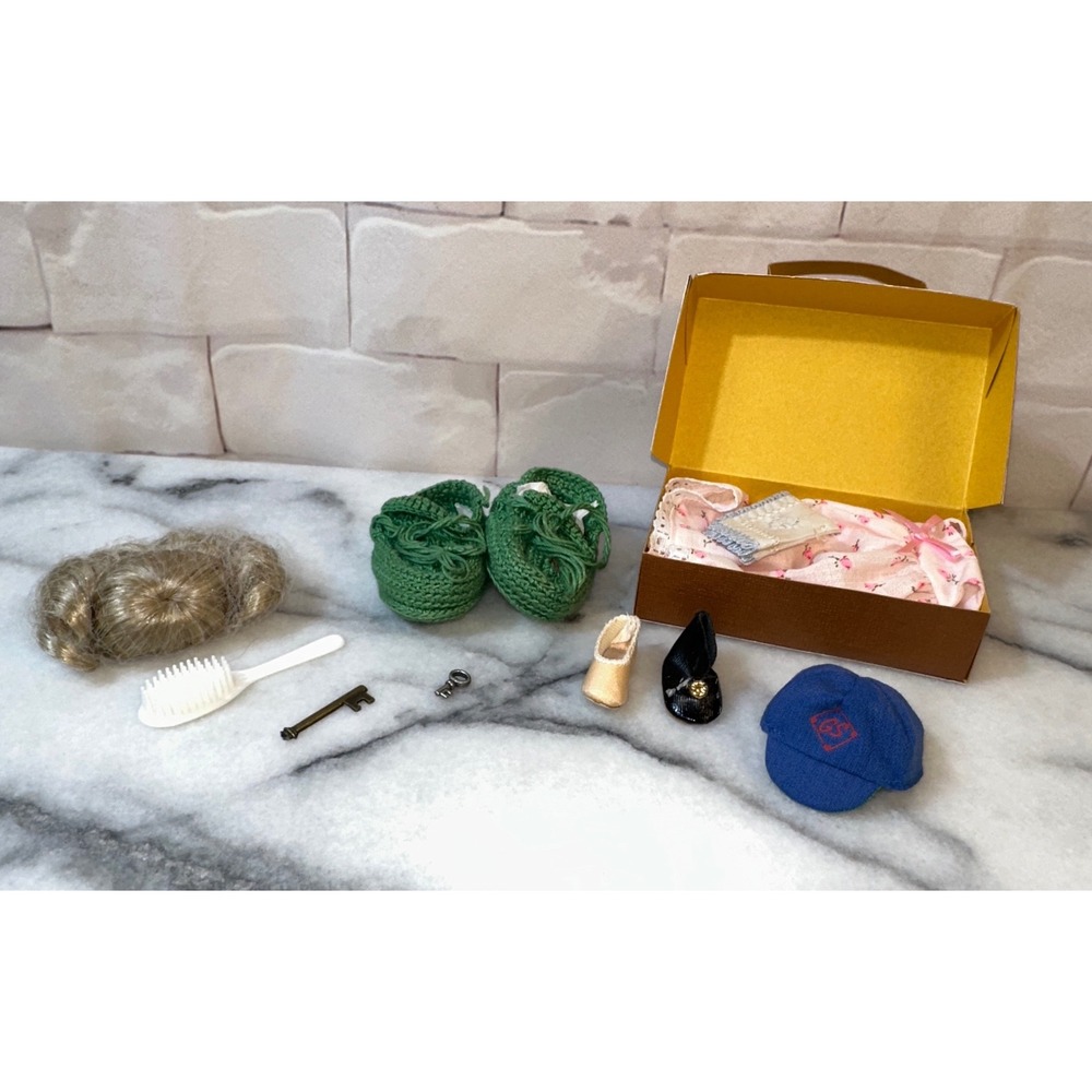 Vintage Doll Accessory Set Floral Nightgown Shoes Wig Brush Keys Suitcase Box